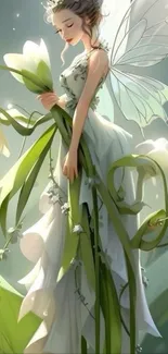 Ethereal fairy with wings surrounded by green foliage in a fantasy setting.