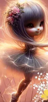 Ethereal fairy with flowers and soft pink background.