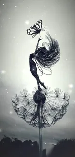 Ethereal fairy silhouette on mystical dandelion against starry sky.