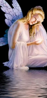 Ethereal fairy sitting by water with wings reflecting in the dark.