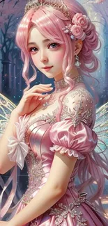 Ethereal fairy princess with pink attire and wings in a magical forest setting.