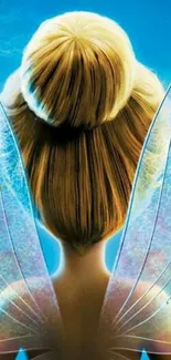 Back view of fairy with wings on blue background.