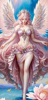 Fantasy angel with pink wings and hair in a serene sky and water setting.