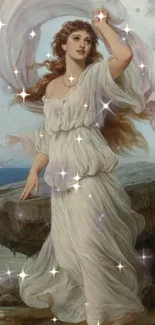 Ethereal fantasy art with a white-dressed figure by the ocean, sparkling accents.