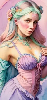 A mystical woman in pastel colors with a flower crown and elegant dress.