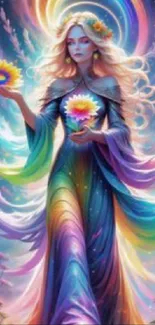 Ethereal fantasy figure with rainbow dress and flowers.