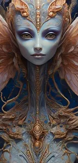 Ethereal fantasy creature with wings and intricate design in blue hues.