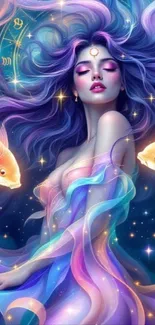 Fantasy art of a mystical woman with koi fish and cosmic hues.
