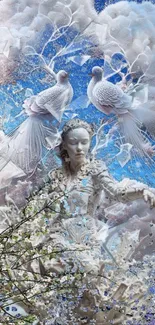 Serene fantasy statue with doves against a dreamy blue background.