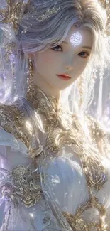 Ethereal fantasy artwork featuring an elegant character in white attire.