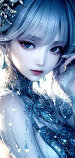 Ethereal character in fantasy artwork with silver blue hues and detailed design.