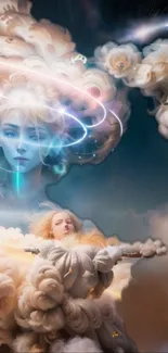 Ethereal fantasy art with celestial clouds and mystical figures.