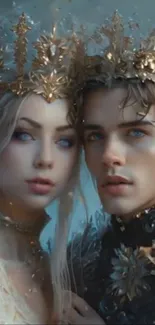 Ethereal fantasy couple with golden crowns in a mesmerizing setting.