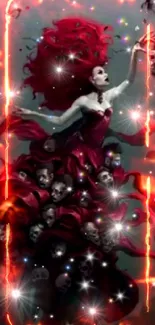 Fantasy art of woman in red dress with skulls and sparkles on mobile wallpaper.