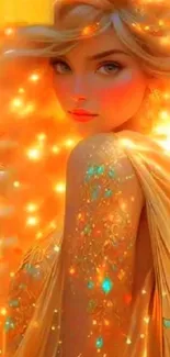 Ethereal fantasy wallpaper with glowing golden hues and an enchanting figure.