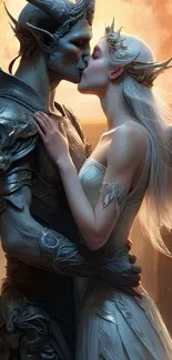 Ethereal wallpaper of a fantasy couple kissing under a glowing sun.