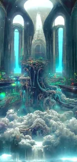 Ethereal fantasy landscape wallpaper with mystical architecture and clouds.