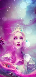 Ethereal fantasy princess with pink swirls and crown in a dreamlike setting.