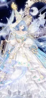 Fantasy princess in celestial landscape with intricate gown and magical elements.