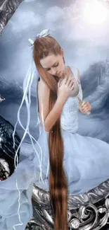 Fantasy princess with long hair in a mystical, dreamy landscape with silver accents.