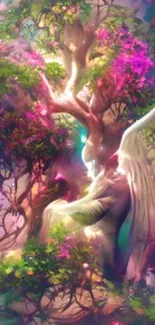 Ethereal artwork of an angel intertwined with a mystical, vibrant tree.