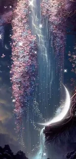 Fantasy waterfall with a crescent moon surrounded by flowers.