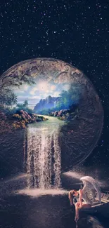 Fantasy landscape with water cascading from a mystical realm into a starry ocean.