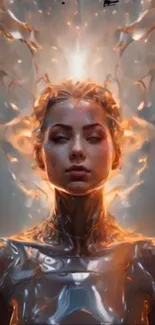 Ethereal fiery woman in abstract art wallpaper.