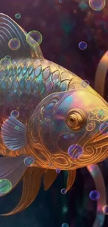 An iridescent fish with vibrant colors against a surreal background.