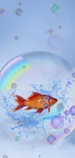 Goldfish inside a bubble on a blue background.