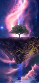 Floating island with lone tree in a vibrant cosmic setting.