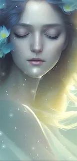 Ethereal woman with blue flowers in dreamy digital artwork wallpaper.