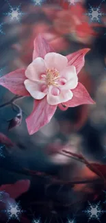 Dreamy mobile wallpaper with a pink flower and dark blue accents.