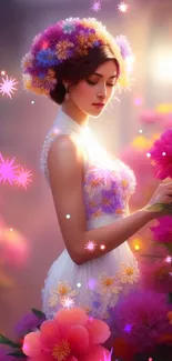 Serene woman in floral dress among vivid pink flowers, basking in soft light.