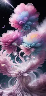 Surreal pink and purple blossoms under a cosmic, starry sky in dreamlike artwork.