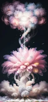 Ethereal pink floral explosion with dreamy clouds in artistic wallpaper.