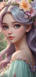 Ethereal fantasy girl with pastel hair and floral crown in a magical setting.