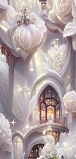 Ethereal fantasy wallpaper with white roses and glowing castle.