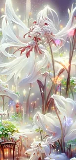 Ethereal fantasy wallpaper with white flowers and magical background.