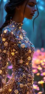 Woman in glowing floral gown in enchanted forest.