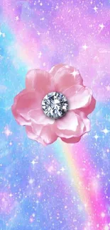 Pink flower and diamond on a galaxy wallpaper with vibrant colors.