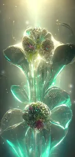 Futuristic glowing flower with teal and golden tones, perfect for mobile wallpaper.