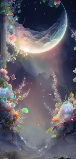 Ethereal moonlit landscape with vibrant flowers and a crescent moon.