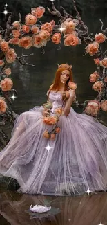 Ethereal princess in floral arch with water reflections.