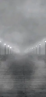 Foggy pier with glowing lampposts creating a serene and ethereal ambiance.