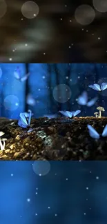 Blue butterflies glowing in a mystical forest, creating an ethereal scene.