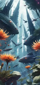 Surreal underwater fantasy scene with vibrant orange flowers and mystical creatures.