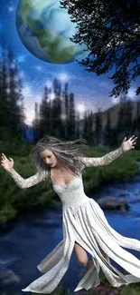 Mystical woman in white dancing by a river under twilight forest.