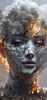 Surreal artwork of a face blending with forest elements and glowing firelights.