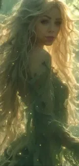 Ethereal forest fairy with golden light and flowing hair.